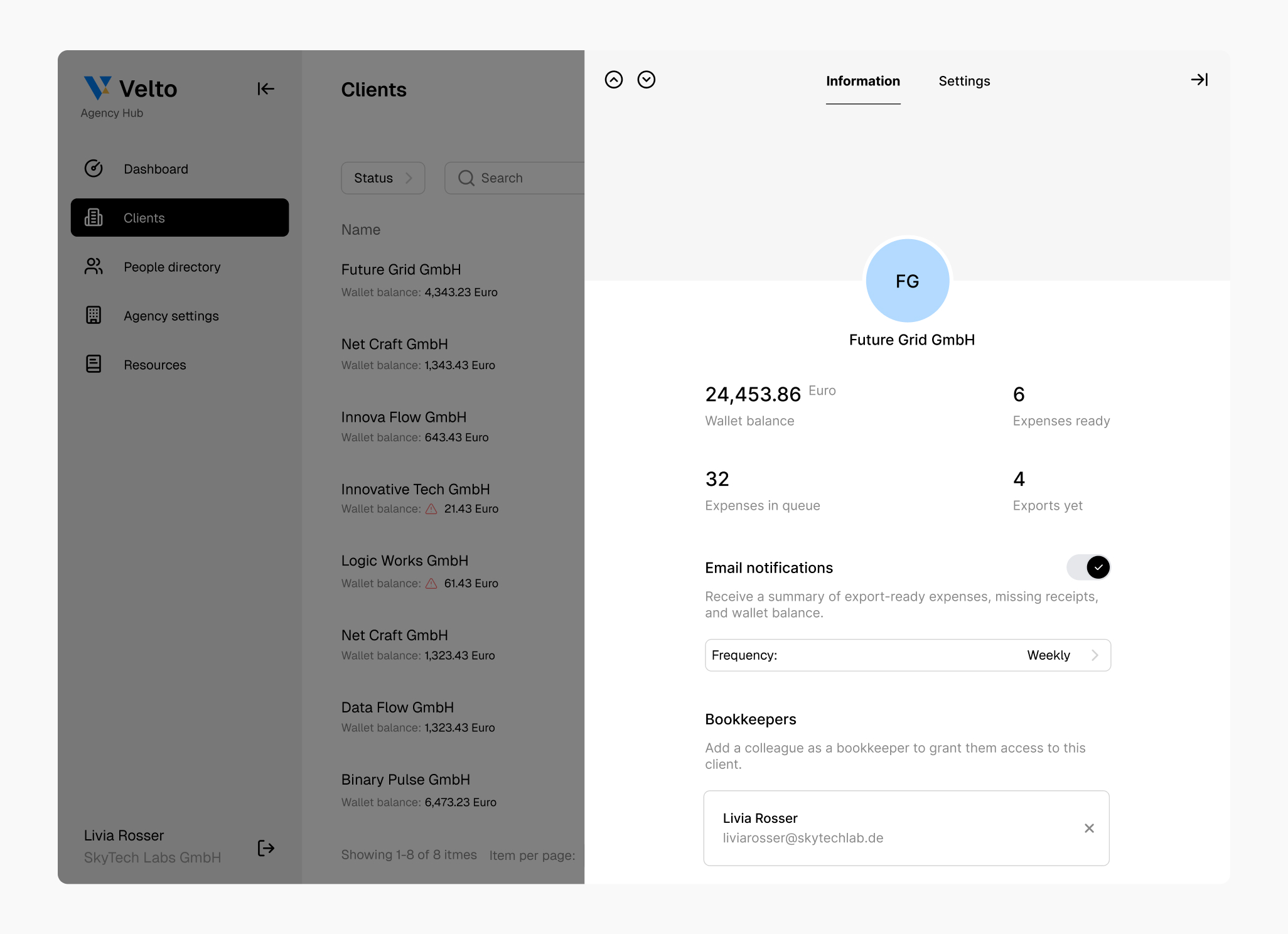 Client details drawer interface